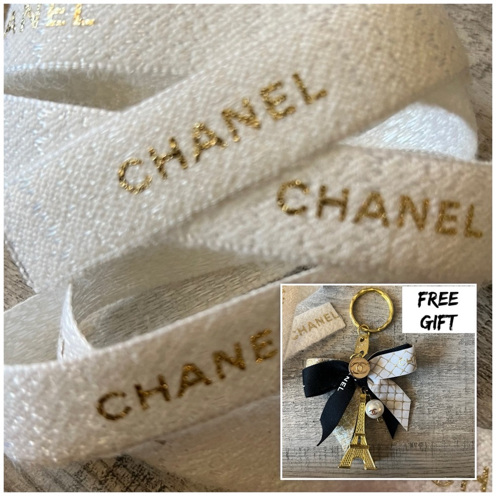 CHANEL Gift Wrapping Ribbon White/Gold Logo 1 yard